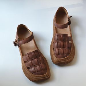 Sandals Natural Leather Flat Women Cowhide Shoes Healthy Breathable Elderly Retro Handmade Brown Weave