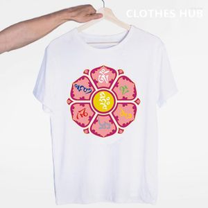 Мужские рубашки дж.н. Буддизм ом Мани Падме Хум Футболка О-образное с коротким рукавами летняя повседневная мода Тибетская тангка шесть слов кольцо футболка