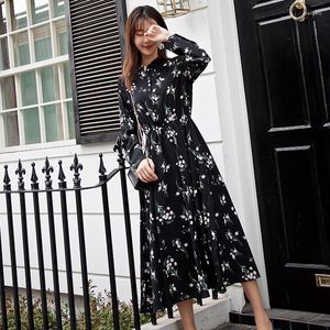 Casual Kleider Frauen Floral Chiffon Schwarz Fee Kleid Elastische Taille Oansatz Herbst Mode Druck Mid-kalb Langarm A-linie