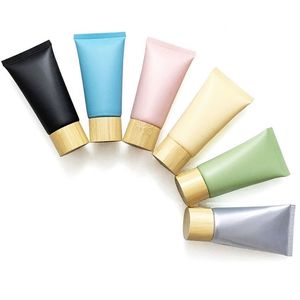 50 ml 100 ml Bunte gefrostete Kunststoff-Quetschschlauchflasche Kosmetiktuben Nachfüllbarer Reise-Lippenbalsambehälter mit Bambuskappe