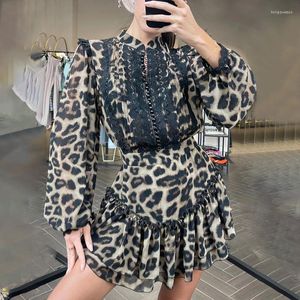 Freizeitkleider Damenkleid Rockanzug Personalisiertes Leoparden-Damenhemd Spleißen Hohe Taille Laternenärmel Sommer