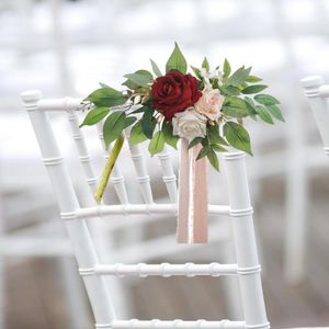 Fiori decorativi Schienale per sedia da matrimonio Fiore con nastri rosa Simulato salice artificiale Foglia Disposizione di rose Decorazioni floreali per corridoio