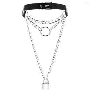 Pendants Punk Gothic Exaggerated Handmade Lock Chain Choker Necklace Multilayer O Round Metal Leather Collar Bondage Harness