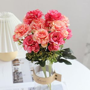 Dekorativa blommor rosa konstgjorda siden Peony med växt lämnar pappers väggdekor bröllop dekoration höst bluen hantverk mors dag