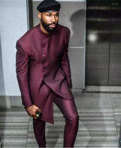 Мужские костюмы 2023 Стенд воротник Формальный бордовый костюм Slim Fit Wedding для жениха смокинго