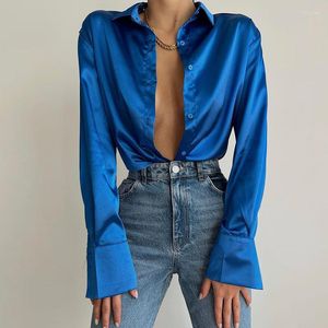 Kvinnors T -skjortor Elegant satin långärmad blusar kvinnor 2023 Vintage Blue Green Silk Shirt Casual Loose Button Up Female Tops Lady