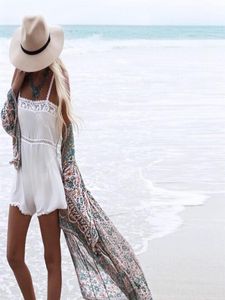 Sarongs Sunscreen Kimono Cardigan Women Long Sleeve Floral Print Chiffon Loose Shawl Tops Cover Up Blouse Blusas Feminina