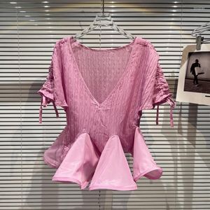 女性用TシャツVネックドローストリングエレガントな短袖Tシャツ女性ソーシャルレフルスプライシングプリーツシャツ2023サマーパープルトップ