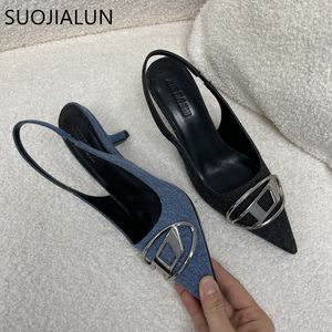 Pantofole SUOJIALUN Primavera Marca Donna Slingback Scarpe Moda Matal Fibbia Donna Elegante Tacco medio Punta a punta Slip On Sandalo Ciabatte 230207