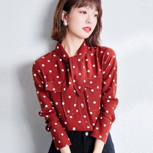 Women's Blouses Sweet Women Red Dot Shirts Long Sleeve Bow Tie Korean Button Up Shirt Fashion Clothes Woman 2023