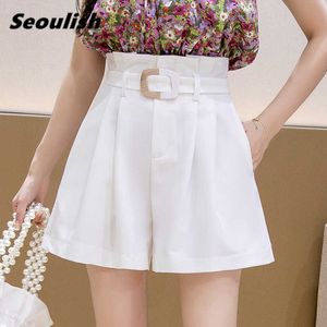 Kvinnors shorts Seoulish Summer Formal With Belted 2021 Nya High Waist Office Ladies Wide Leg Elegant Chic byxor Y2302