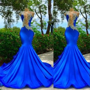 2023 Prom Dresses for Black Girls Royal Blue Illusion Neck Long Lace Appliques Crystal Beads Birthday Party Dress Mermaid aftonklänningar Backless ärmlös