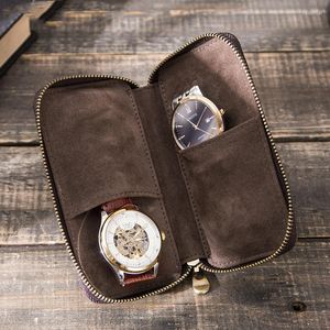 Scatole per orologi in vera pelle colore marrone 2 griglie organizer con cerniera per uomo donna