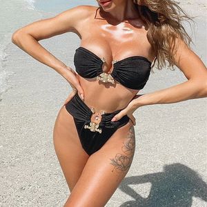 Women's Swimwear Strapless Sexy Solid Black Bikini Women Off Shoulder High Cut Push Up Metal Ring Brazilian Bathing Suit Swimsuit 230208