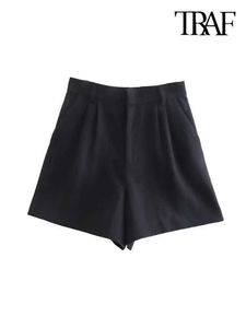 Shorts femininos Traf Moda Moda Bolsos laterais Dartado Bermuda Vintage High Solting Zipper Fly Female Pants Short Mujer Y2302