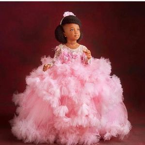 Pink Flower Girl Dresses Jewel Neck Ball Gown Lace Appliques Beads Feather Tulle Kids Girls Pageant Dress Birthday Gowns Ruffles Tiered Long Sleeves