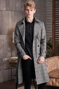 Trench Coats voor heren 2023 Spring/Autumn Men's Extra Long Business Causal Gray Gray Plaid Europe Fashion Double Breasted Plus Size Coat