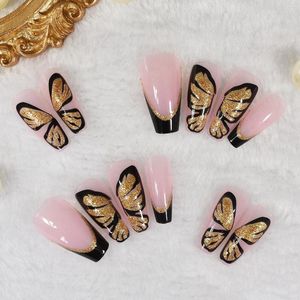Yanlış Tırnaklar Muhteşem Altın Glitter Butterfly Basın Büyük Görüntü Tasarlanmış Fransız İpuçları