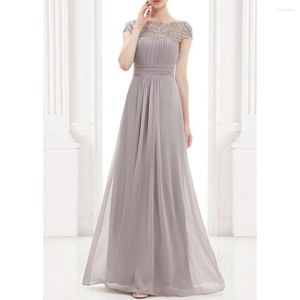 Casual klänningar Elegant Slim Spets Long Grey Party Dress Wedding Bridesmaids Maxi Vintage Short Sleeve Chiffon Summer