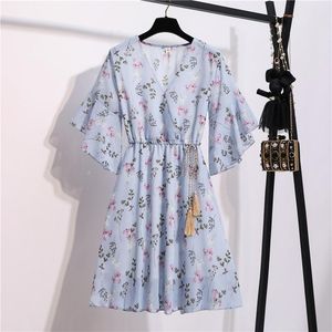 Casual Dresses Spring Summer Woman's Floral Print Dress Chiffon Ladies Kne Length V-Neck Butterfly Sleeve A-Line Female Dressescasual