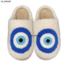 Chinelos Chinelos de Alta Qualidade Moda Padrão Sapatos Olhos Malignos Bordados Azuis Chinelos Casa Quentes para Homens e Mulheres 0208V23