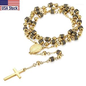 Chains 6mm Rosary Jesus Christ Cross Pendant Necklace Gold Black Tone Stainless Steel Bead Long Chain Women Men Fashion Jewelry KN4341