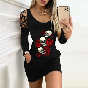 Casual Dresses Sexy Skull Rose Dress For Women Autumn Long Sleeve Bodycon Mini Vestidos Gothic Hollow Out Party Tshirt