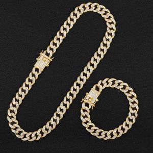 Pendant Necklaces A set Hip Hop Miami Curb Cuban Chain Necklace Golden Iced Out chain Rhinestones CZ Rapper Link Silver Color Necklace Men Jewelry G230206