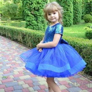 Girl Dresses Lovely Royal Blue Sequined Tulle Toddler Short Sleeve Birthday Flower With Bow First Communion