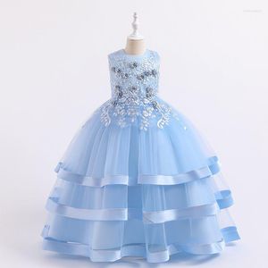 Flicka klänningar blå blomma flickor för bröllop tyll spets lång klänning fest år barn prinsessan kostym barn 6 8 12 14t