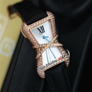 Wysoka biżuteria Libre WJ306014 Diamond enleee szwajcarski kwarc damski damski zegarek Rose Gold White Mop Dial Czarny skórzany pasek Puretime266V