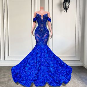 Abiti da ballo blu royal di lusso per ragazze nere con abito da sera a sirena glitterato con perline Aso Ebi Abito formale floreale rosa africano Elegante abbigliamento da festa di laurea 2023