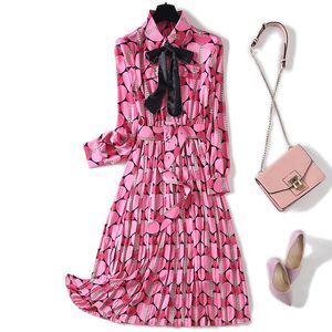 2023 Spring Pink Ribbon Tie Bow Dress Long Sleeve Lapel Neck Belted Midi Casual Dresses M3F084008