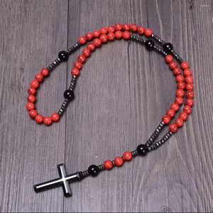 Naszyjniki wisiorek vintage 8 mm czerwona sosna kamień Chrystus Rosary Hematit Cross Naszyjnik dla mężczyzn Kobiet biżuterii hurtowa kropla