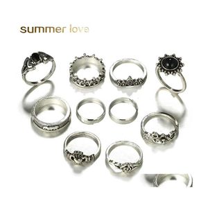 Cluster Rings Fashion Hollow Flower Elephant Heart Shape Ring Set For Women Bohemia Style Big Vintage Alloy Knuckle 10 Pcs Jewelry D Dhlgp