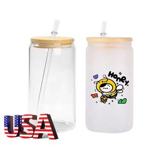 US STOCK 16 oz Sublimation Glass Beer Mugs with Bamboo Lid Straw Tumblers DIY Blanks Frosted Clear Can Cups Heat Transfer Cocktail Iced Coffee Whiskey tt0208
