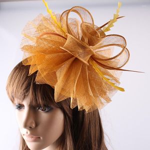 Berets Damen Elegante Federhüte Frauen Haarschmuck Ausgefallene Fascinators für Hochzeitsfeier Gold Braut und Rennen OF1522