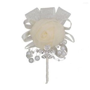 Decorative Flowers 1Piece Wedding Groom Boutonniere Ivory White Color Snow Yarn Rhinestone Pearl Corsage Flower Prom Party Woman Man Suit