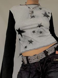 Женская футболка со звездой, женская винтажная укороченная футболка с длинным рукавом, женские лоскутные пуловеры, повседневная базовая футболка Y2k, женская мода, осень 230207