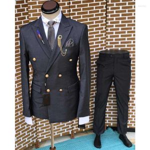 Men's Suits Dark Grey Gold Buttons Double Breasted Men Wedding Tuxedos Terno Masculino Groom Prom Slim Fit Blazer 2 Pcs Jacket Pants