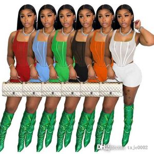 2023 Summer Women Two Pieces Pants Set Outfits Tracksuits Sexy Sleeveless Mesh Vest Suspenders Crop Tops And Short Suit