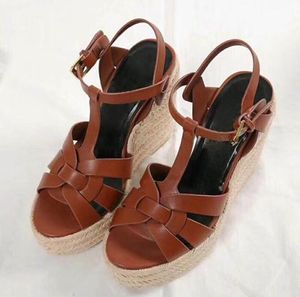 Luxusmarken Mode-Pop-Damen-Wedgesandale mit Keilabsatz Tribute-Espadrille-Sandalen aus Leder mit Keilabsatz, schwarz, nackt, braun, echtes Top-Luxusleder mit Box 35-43