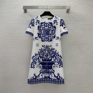 Dresses Blue And White Porcelain Hot Drill Printing Fashion National Style Dress Back Zipper Design Crewneck Short Sleeve Maxiskit Women Dress Summer