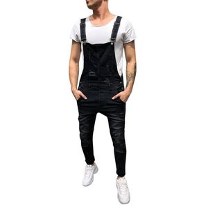 Herrbyxor denim snickare övergripande streetwear casual jumpsuit jeans tvättade hålficka mode hip hop bib cars