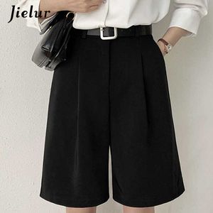 Women's Shorts Jielur Summer Suit High Waist Loose Five-point for A-line Solid Colour Black Grey Female S-XXL Y2302