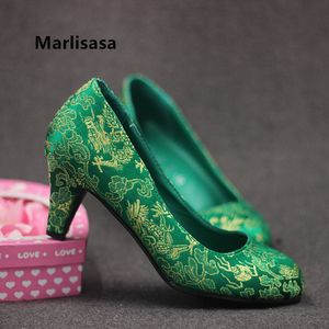 Dress Shoes Marlisasa Women Cute Light Weight Green Floral Pattern Slip on High Heel Pumps Ladies Casual Wedding Red Embroidery Shoes H5519 230208