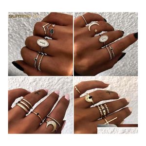 Ringos de cluster Fashion 5pcs Conjunto simples Cross Moon Gold Deding Ring For Women Retro Geom￩trico J￳ias de J￳ias Droga Droga Delina Dhl5m