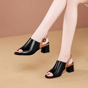 Empty Sandals Rear Fish Mouth Women 447 Leather 2024 Summer Fashion All-match Mid-heel Thick Heel Women's Outer Wearwomen'sshoes 's 477