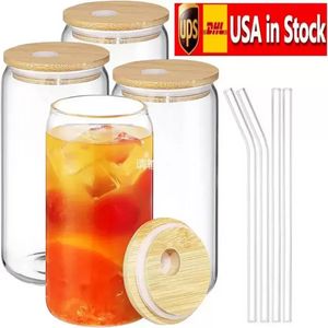 US STOCK 16oz Sublimation Glass Can Glasses Beer Glass Tumbler Frosted Drinking with Bamboo Lid and Reusable Straw