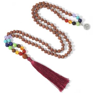 Anhänger Halsketten 108 Original Rudraksha Perlen geknotet 7 Chakren Mala Halskette Meditation Yoga Gebet Rosenkranz mit OM Anhänger Quaste Schmuck G230206